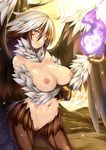  &gt;:( ahoge animal_hand bird_wings breast_squeeze breasts brown_feathers brown_hair butter-t claws facial_tattoo feathers frown griffon_(monster_girl_encyclopedia) gumroad_reward highres large_breasts looking_at_viewer magic monster_girl monster_girl_encyclopedia navel nipples nude paid_reward pubic_hair solo spread_wings standing tattoo v-shaped_eyebrows white_feathers white_hair wings yellow_eyes 