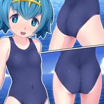  :d ass bare_shoulders blue_eyes blue_hair blue_sky breasts close-up covered_navel day hair_ornament highres looking_at_viewer lower_body multiple_views ocean one-piece_swimsuit open_mouth pokemon pokemon_(game) pokemon_sm short_hair sky small_breasts smile suiren_(pokemon) swimsuit trial_captain upper_body water wet yasutake 