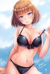  arm_support artist_name bikini black_bikini brave_witches breasts brown_hair cowboy_shot front-tie_top gundula_rall haruhata_mutsuki looking_at_viewer medium_breasts navel parted_lips purple_eyes short_hair solo swimsuit twitter_username world_witches_series 