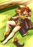  barefoot belt blush boot_removed boots bow bracelet breastplate brown_hair cape drink dyute_(fire_emblem) fang fire_emblem fire_emblem_echoes:_mou_hitori_no_eiyuuou food grass highres jewelry long_hair open_mouth orange_eyes ponytail popsicle single_boot solo yuyumi_(yuurei) 