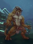  2014 3_toes 4_fingers abs absurd_res animal_genitalia anthro balls biceps brown_hair charr claws countershading detailed_background digital_media_(artwork) digitigrade erection fangs feline front_view fur glowing glowing_eyes grass grin guild_wars hair hi_res horn huge_muscles humanoid_penis looking_at_viewer male mammal multi_ear multicolored_fur muscular muscular_male nature night nipples nubbed_penis nude outside pecs penis rrowdybeast saggy_balls sheath sky smile solo spots spotted_fur standing toe_claws toes video_games white_balls white_countershading 