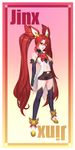  1girl alternate_costume alternate_hair_color alternate_hairstyle bare_shoulders belt black_gloves black_legwear elbow_gloves fingerless_gloves gloves hair_ornament jinx_(league_of_legends) league_of_legends lipstick long_hair magical_girl red_bow red_bowtie red_eyes red_hair red_lips short_shorts shorts solo star_guardian_jinx thighhighs tied_hair twintails very_long_hair wink 