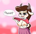  2016 4_fingers anthro areola big_breasts blush breasts brown_hair caprine chun-ni clothed clothing dialogue dr._chaos exposed_breasts female goat grey_eyes hair half-closed_eyes holding_breast horn lactating looking_at_viewer mammal milk miracle_star mother nipples offering_(disambiguation) open_mouth parent partially_clothed question shirt simple_background skirt smile solo text tongue 