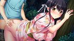  1boy 1girl ass ass_grab bent_over black_hair blush breasts brown_eyes clothed_sex doggystyle erect_nipples from_behind hair_ornament hair_ribbon large_breasts outdoors sex sweat vaginal yukata 