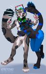  2015 5_fingers black_fur blakc_hair eyes_closed feline fur green_eyes hooves hybrid kero_tzuki leopard mammal monster_tail pink_nose simple_background smile snow_leopard 