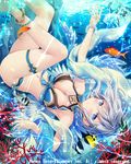  angel_wings angelfish anklet bare_shoulders blue_eyes blush bracelet breasts bubble cleavage closed_mouth commentary_request company_name eyebrows_visible_through_hair falkyrie_no_monshou fish jewelry large_breasts looking_at_viewer natsumekinoko navel short_hair silver_hair smile solo underwater wings 