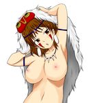  armpits arms_up bare_arms breasts brown_eyes brown_hair earrings facial_mark head_tilt highres jewelry large_breasts mogura_(mogura108) mononoke_hime navel necklace nipples nude san simple_background solo upper_body white_background 