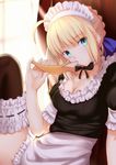  ahoge apron artoria_pendragon_(all) banana bangs besmiled black_legwear blonde_hair blue_eyes blue_ribbon braid breasts cleavage closed_mouth day eyebrows_visible_through_hair fate/stay_night fate_(series) food french_braid frilled_apron frilled_legwear frills fruit hair_ribbon holding holding_food indoors knee_up looking_at_viewer maid maid_headdress medium_breasts official_style puffy_short_sleeves puffy_sleeves ribbon saber short_sleeves sidelocks sitting solo sunlight thighhighs waist_apron 