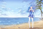  ? absurdres beach blue_gloves blue_hair blush breasts collarbone day elbow_gloves eyebrows_visible_through_hair gloves highres large_breasts long_hair looking_at_viewer pantyhose quincy_(zhan_jian_shao_nyu) red_eyes snow_(676528662) solo white_legwear zhan_jian_shao_nyu 