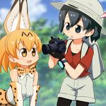  :d animal_ears backpack bag bare_shoulders black_eyes black_hair black_legwear blonde_hair blurry blurry_background bow bowtie brown_eyes camera commentary_request day elbow_gloves extra_ears gloves hat hat_feather helmet highres holding holding_camera kaban_(kemono_friends) kemono_friends looking_at_another multiple_girls open_mouth outdoors pantyhose pantyhose_under_shorts pith_helmet red_shirt sat-c serval_(kemono_friends) serval_ears serval_print shirt short_hair shorts sleeveless sleeveless_shirt smile 