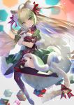  1girl :o ahoge animal_ears arm_belt atalanta_(fate) bell black_footwear blonde_hair boots box commentary_request fang fate/grand_order fate_(series) fur_trim gift gift_box gradient_hair green_eyes green_hair highres long_hair looking_at_viewer mittens miyuki_ruria multicolored_hair pom_pom_(clothes) puffy_short_sleeves puffy_sleeves sack short_sleeves solo tail tail_bell thigh_boots thighhighs 
