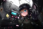  bangs black_gloves blonde_hair blue_eyes commentary_request commission day emblem fang girls_und_panzer gloves green_jumpsuit grin helmet highres huira444 katyusha korean korean_commentary long_sleeves looking_at_viewer military military_uniform pravda_military_uniform short_hair sitting smile snow solo tank_interior uniform upper_body watermark 