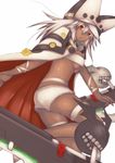  absurdres akahuzi ass bad_id bad_pixiv_id breasts brown_eyes cleavage dark_skin guilty_gear guilty_gear_xrd highres large_breasts long_hair looking_at_viewer parted_lips ramlethal_valentine solo underboob white_hair 