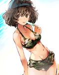  akiyama_yukari backwards_hat bangs baseball_cap bikini blue_hat breasts brown_eyes brown_hair camouflage camouflage_bikini cleavage collarbone commentary_request cowboy_shot dutch_angle food girls_und_panzer groin hair_through_headwear halter_top halterneck hat highres holding holding_food looking_at_viewer medium_breasts messy_hair navel nishiide_kengorou popsicle short_hair solo standing stomach swimsuit tongue tongue_out water 