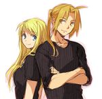  1girl back-to-back black_shirt blonde_hair blue_eyes couple crossed_arms earrings edward_elric eyebrows_visible_through_hair fullmetal_alchemist jewelry long_hair long_sleeves looking_at_another looking_at_viewer looking_back lowres ponytail riru shirt simple_background smile white_background winry_rockbell yellow_eyes 