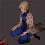  black_footwear blonde_hair blood coat dirty dirty_clothes fullmetal_alchemist grey_background kneeling outstretched_hand riru riza_hawkeye sad shoes short_hair simple_background solo uniform 