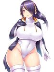  ass_visible_through_thighs blue_hair blush breasts brown_eyes covered_navel cowboy_shot emperor_penguin_(kemono_friends) gloves hair_over_one_eye hand_on_own_chest headphones highlights highres hood hoodie kemono_friends large_breasts leotard long_hair looking_at_viewer multicolored_hair open_mouth shiny shiny_hair simple_background solo tail thighhighs thighs tsukumiya_amane white_background white_legwear white_leotard 