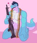  &lt;3 anthro balls flaccid gun hi_res kneeling looking_at_viewer machine_gun male musclegut muscular nude penis ranged_weapon scalie serex smile solo weapon 