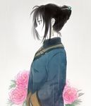  black_eyes black_hair chinese_clothes earrings expressionless eyebrows_visible_through_hair flower from_side fullmetal_alchemist grey_background hair_bun hair_ornament hair_stick hand_in_pocket jewelry lan_fan looking_away pale_skin profile rain riru rose simple_background solo tied_hair water_drop 