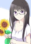  aa_(sin2324) bangs black-framed_eyewear black_hair breasts character_name closed_mouth collarbone commentary_request eyebrows_visible_through_hair flower glasses highres himawari-san himawari-san_(character) holding holding_flower long_hair looking_at_viewer purple_eyes shirt short_sleeves sidelocks small_breasts smile solo sunflower t-shirt two-tone_background upper_body white_shirt 