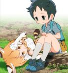  alternate_costume alternate_hairstyle androgynous animal_ears backpack bag black_hair blonde_hair bow bowtie commentary_request day extra_serval_(kemono_friends) gloves grass green_eyes highres kaban_(kemono_friends) kemono_friends kneehighs looking_at_another lying multiple_girls no_hat no_headwear outdoors paw_pose pixie_cut print_gloves print_neckwear prototype rock sat-c serval_ears serval_print serval_tail shoes short_hair sitting sleeveless smile sneakers tail white_legwear yellow_eyes 
