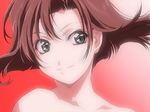  1girl bare_shoulders brown_hair closed_mouth collarbone female floating_hair green_eyes looking_at_viewer neck red_background short_hair smile solo tsujimoto_natsumi upper_body you&#039;re_under_arrest 
