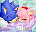  2013 amy_rose bed bedding black_nose blanket blue_fur blush bracelet clothing cuddling cute daww duo eyelashes eyes_closed fur gloves hedgehog jewelry mammal myly14 on_bed one_eye_closed pink_fur romantic_couple shared_scarf sleeping smile sonic_(series) sonic_the_hedgehog under_covers 