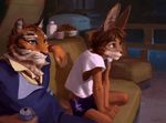  2016 anthro beverage big_ears blue_eyes bowl brown_fur brown_hair can chair clothed clothing cowboy_bebop duo edward_wong_hau_pepelu_tivrusky_iv feline flipbunny fur green_eyes hair headphones inside kneeling lagomorph lofi male mammal necktie orange_fur rabbit relaxing rukatiger sitting sofa spike_spiegel tiger watching_tv white_fur 