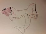  4_toes anthro barefoot blush butt claws clothing fin fish hi_res looking_at_viewer looking_back male marine monochrome nude rear_view serex shark simple_background sitting solo tail_fin toes traditional_media_(artwork) undressing white_background 