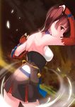  abstract_background absurdres adjusting_hair back blue_ribbon breasts brown_hair choker commentary_request cowboy_shot elbow_gloves from_behind gloves glowing hair_tie highres kimjunho koutetsujou_no_kabaneri long_hair medium_breasts miniskirt mumei_(kabaneri) pleated_skirt red_eyes red_gloves ribbon sideboob skirt solo twintails yellow_background 