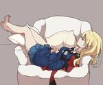  armchair bare_legs barefoot blonde_hair blue_skirt blue_sweater chair commentary_request darjeeling emblem girls_und_panzer hair_down hands_clasped hands_on_own_stomach jacket legs loose_necktie lying necktie no_legwear on_back own_hands_together pillow pleated_skirt red_jacket ree_(re-19) skirt sleeping solo st._gloriana's_(emblem) st._gloriana's_military_uniform st._gloriana's_school_uniform sweater thighs 
