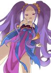  absurdres bow chinese_clothes dutch_angle fate/grand_order fate_(series) forehead from_below half-closed_eyes hand_up hanfu highres legs_apart long_hair long_sleeves looking_at_viewer parted_lips pelvic_curtain purple_eyes purple_hair sash shawl sidelocks simple_background smile solo standing thighs twintails very_long_hair white_background wide_sleeves wu_zetian_(fate/grand_order) yamamoto_souichirou 