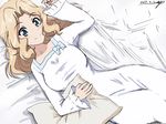  artist_name bed blonde_hair blue_eyes bukkuri closed_mouth dated dress eyebrows_visible_through_hair from_above girls_und_panzer hair_intakes kay_(girls_und_panzer) long_hair looking_at_viewer lying on_back pajamas pillow signature smile solo white_dress 