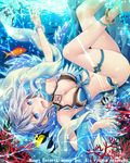  angel_wings anklet bare_shoulders blue_eyes blush bracelet breasts bubble cleavage company_name eyebrows_visible_through_hair falkyrie_no_monshou fish jewelry large_breasts looking_at_viewer natsumekinoko navel open_mouth short_hair silver_hair solo underwater wings 