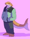  anthro clothed clothing dick_(serex) fin fin_piercing fish furgonomics furry-specific_piercing hi_res male marine piercing serex shark smile solo standing tongue tongue_out 