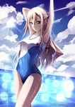  armpits arms_up blonde_hair blue_sky braid breasts cloud competition_swimsuit day high_school_fleet long_hair looking_at_viewer medium_breasts mimelex one-piece_swimsuit single_braid sky solo swimsuit watermark web_address wet wilhelmina_braunschweig_ingenohl_friedeburg 