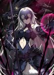  armor armored_dress bangs bare_shoulders belt belt_buckle black_dress black_gloves blurry breasts buckle center_opening chain depth_of_field dragon dress eyebrows_visible_through_hair fate/grand_order fate_(series) fur-trimmed_legwear fur_trim gauntlets gloves headpiece highres holding holding_weapon jeanne_d'arc_(alter)_(fate) jeanne_d'arc_(fate)_(all) large_breasts light_particles long_hair looking_at_viewer lucky_(1045044604) outstretched_arm parted_lips silver_hair sleeveless sleeveless_dress smile solo standing thighhighs very_long_hair weapon 