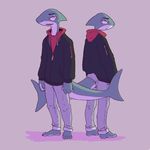  4_fingers 4_toes anthro back_to_back bald barefoot clothed clothing duo fish fully_clothed grey_skin hi_res hoodie jacket looking_aside looking_at_viewer looking_back male marine pants serex shark smile standing teeth toes white_skin 