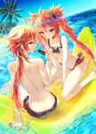  1girl ahoge banana_boat bangs bare_arms bare_legs bare_shoulders bikini blue_sky brown_ribbon caustics chocolate_banana collarbone day dutch_angle earrings fate/grand_order fate_(series) flat_chest hair_between_eyes hair_ribbon horizon husband_and_wife jewelry lens_flare long_hair looking_at_another looking_at_viewer low_ponytail miyuki_ruria ocean open_mouth outdoors palm_tree rama_(fate/grand_order) red_eyes red_hair ribbon ripples sita_(fate/grand_order) sky smile soaking_feet sparkle sprinkles straddling stud_earrings swimsuit topless tree twintails twitter_username water wet 