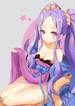  :&gt; absurdres bare_shoulders blush bow breasts chinese_clothes cleavage closed_mouth collarbone commentary_request dombear fate/grand_order fate_(series) forehead grey_background groin hanfu highres long_hair long_sleeves looking_at_viewer medium_breasts no_panties off_shoulder pelvic_curtain pink_eyes purple_hair sash shawl sidelocks simple_background sitting smile solo star thighs twintails very_long_hair wide_sleeves wu_zetian_(fate/grand_order) yokozuwari 