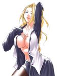  artist_request blonde_hair blue_eyes breasts cleavage hair_over_one_eye king_of_fighters large_breasts lipstick long_hair makeup mature mature_(kof) no_bra open_clothes open_shirt pantyhose shirt skirt smile snk solo 