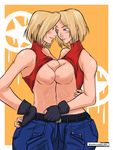  asymmetrical_docking bare_shoulders blonde_hair blue_eyes blue_mary blueversusred breast_press breasts dual_persona fatal_fury fingerless_gloves forehead-to-forehead gloves halter_top halterneck hug midriff multiple_girls nipples no_bra one_eye_closed selfcest shirt_lift short_hair sweat the_king_of_fighters watermark web_address 