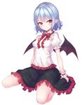  alternate_costume bangs bat_wings black_skirt blue_hair breasts closed_mouth full_body highres junior27016 looking_at_viewer medium_breasts miniskirt pointy_ears puffy_short_sleeves puffy_sleeves red_eyes remilia_scarlet shirt short_hair short_sleeves simple_background sitting skirt smile solo touhou wariza white_background white_shirt wings wrist_cuffs 