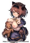  artist_name blush breasts breasts_outside brown_eyes brown_hair cleavage dress granblue_fantasy hairband horns large_breasts looking_at_viewer nipples open_mouth patreon_username redcomet short_hair simple_background solo stuffed_animal stuffed_toy teddy_bear watermark web_address white_background yaia_(granblue_fantasy) 