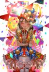  1girl :d ^_^ argyle argyle_legwear balloon bang_dream! bear_hair_ornament blurry blurry_background blush bow bowtie brown_hair character_hair_ornament chino_machiko closed_eyes commentary_request confetti corset cowboy_shot cropped_vest depth_of_field embarrassed eyes_closed facing_viewer frilled_skirt frills glint gloves hair_ornament hand_on_own_arm hat hat_bow hat_ornament head_tilt heart_balloon michelle_(bang_dream!) okusawa_misaki open_mouth overskirt red_neckwear red_skirt red_vest short_hair showgirl_skirt skirt smile solo standing string_of_flags striped striped_bow thighhighs top_hat vest white_gloves white_legwear 