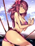  ass bracelet breasts cameltoe cloud day fate/grand_order fate_(series) flower hair_flower hair_ornament hibiscus highres jewelry large_breasts looking_at_viewer polearm purple_eyes purple_hair scathach_(fate)_(all) scathach_(swimsuit_assassin)_(fate) sky solo spear swimsuit venomrobo weapon 