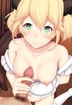  aletta apron blonde_hair blush breasts censored collarbone commentary_request daiaru green_eyes hetero highres horns isekai_shokudou kneehighs kneeling looking_at_viewer medium_breasts mosaic_censoring naked_apron nipples penis penis_grab pov short_hair smile solo_focus twintails 