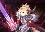  armor blonde_hair braid clarent fate/apocrypha fate_(series) gauntlets glowing glowing_sword glowing_weapon green_eyes highres mordred_(fate) mordred_(fate)_(all) ponytail solo sword weapon yanagi_ryuuta 