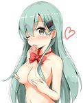  aikawa_ryou aqua_hair blush bow bowtie breasts condom condom_in_mouth covering_nipples eyebrows_visible_through_hair green_eyes heart highres kantai_collection long_hair looking_at_viewer medium_breasts mouth_hold navel nude one_eye_closed simple_background solo suzuya_(kantai_collection) upper_body white_background 