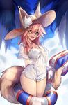  :d absurdres animal_ears arms_behind_back beach_umbrella bikini bikini_under_clothes blue_bikini breasts brown_eyes cleavage cloud cloudy_sky day ears_through_headwear fang fate/grand_order fate_(series) fox_ears fox_tail hat highres innertube large_breasts looking_at_viewer open_mouth outdoors pink_hair see-through shirt sky smile solo standing striped striped_shirt sun_hat swimsuit tail tamamo_(fate)_(all) tamamo_no_mae_(fate) tamamo_no_mae_(swimsuit_lancer)_(fate) umbrella vertical-striped_shirt vertical_stripes yin-ting_tian 